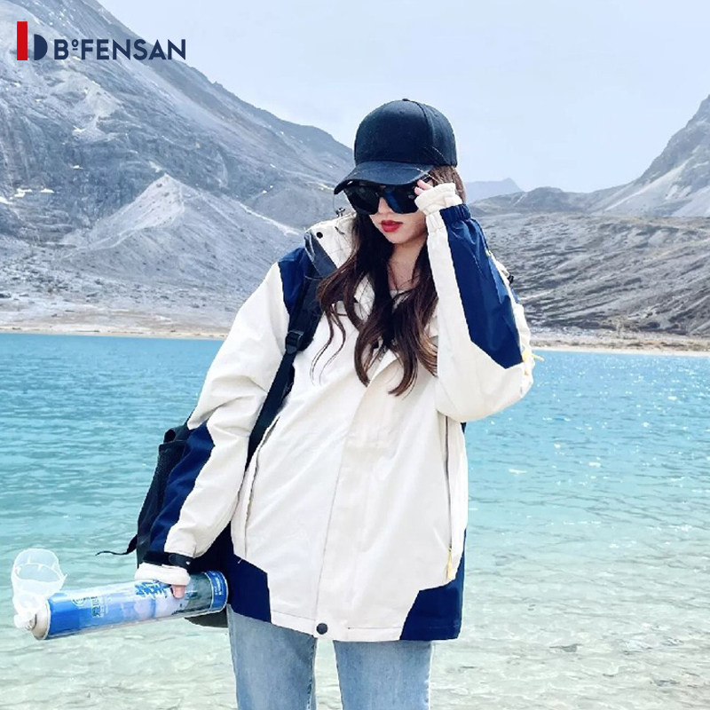 波梵森2023秋冬户外三合一加绒冲锋衣女网红防水防风情侣登山外套