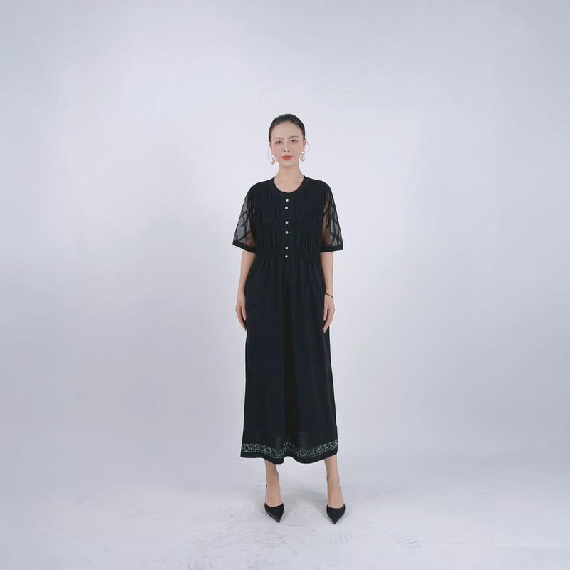 B115黑色镂空设计连衣裙女宽松大码中年妈妈短袖过膝长裙玥玥羊图片
