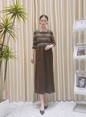 A170咖条拼接设计款气质秋冬轻奢针织连衣裙时尚复古玥玥羊