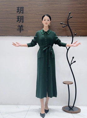 A370绿色锆钻腰带设计款气质秋冬轻奢针织连衣裙时尚复古玥玥羊