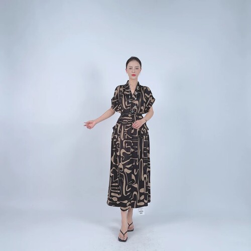 A863黑深杏色图案连衣裙显瘦设计师优雅时尚气质复古夏季玥玥羊