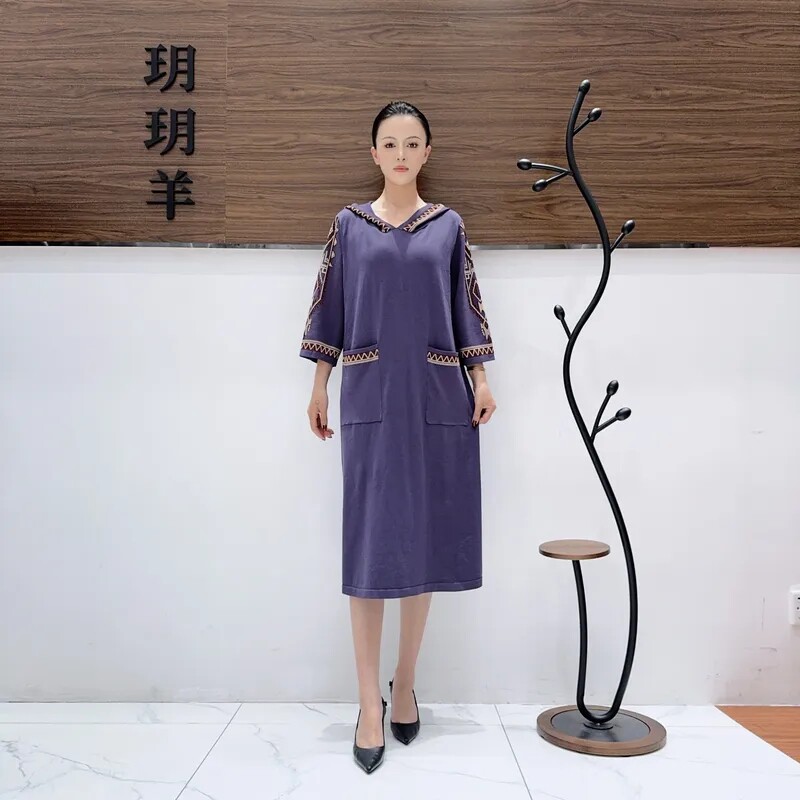 A593紫色连帽连衣裙收腰显瘦设计师优雅时尚气质复古夏季玥玥羊