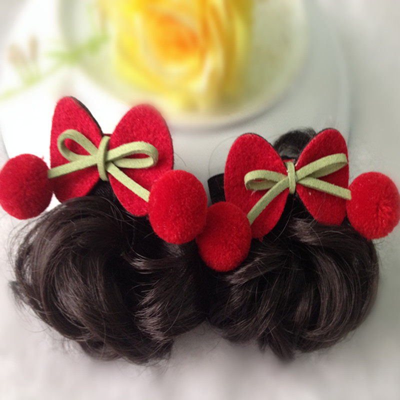 韩国手工女童摄影卷发头饰毛呢料毛球公主发饰可拆卸儿童假发一对