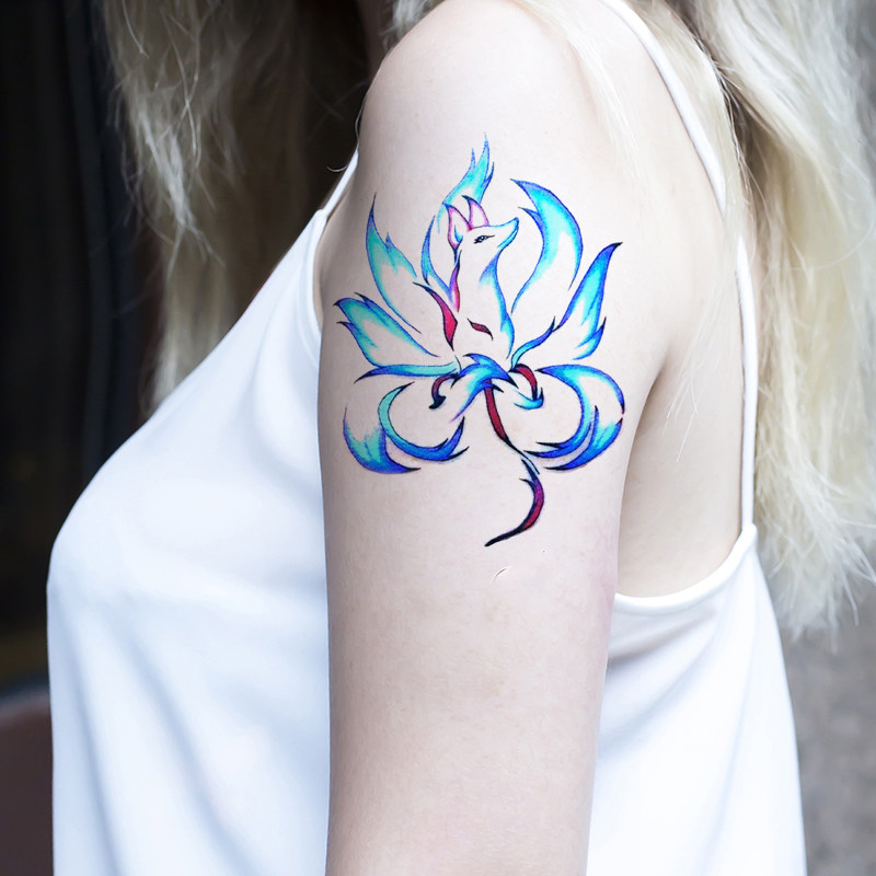 买一送一性感蓝色九尾狐纹身贴狐狸 男 女防水洗不掉仿真日式花臂