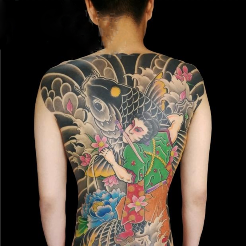 老传统满背浪里白条踏龙纹身贴男女防水持久防真刺青刹车印后背图