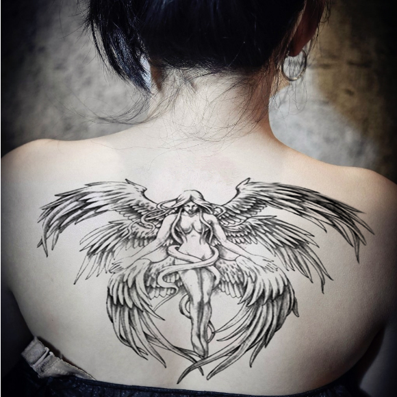 六翼天使后背守护天使纹身贴防水男女 韩国持久暗黑 仿真纹身贴纸