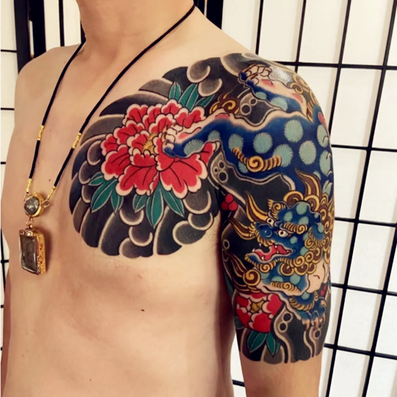 半甲老传统日式牡丹樱花唐狮彩色