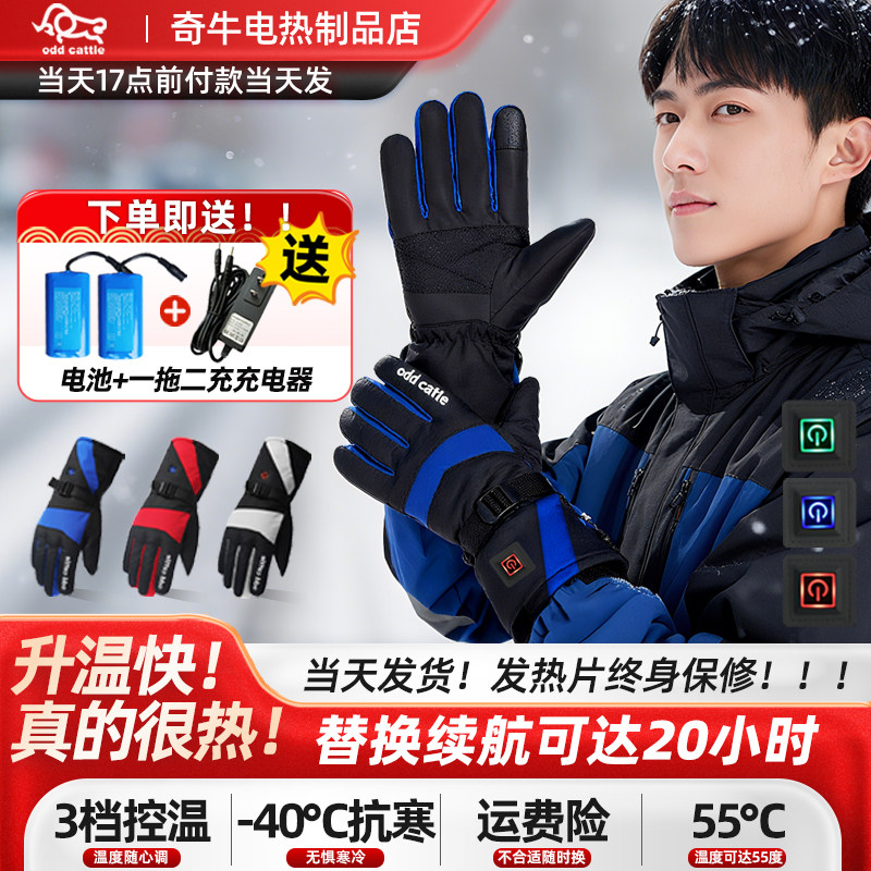 充电加热保暖手套加厚电动摩托车防风防雨雪骑行加绒电热手套男女