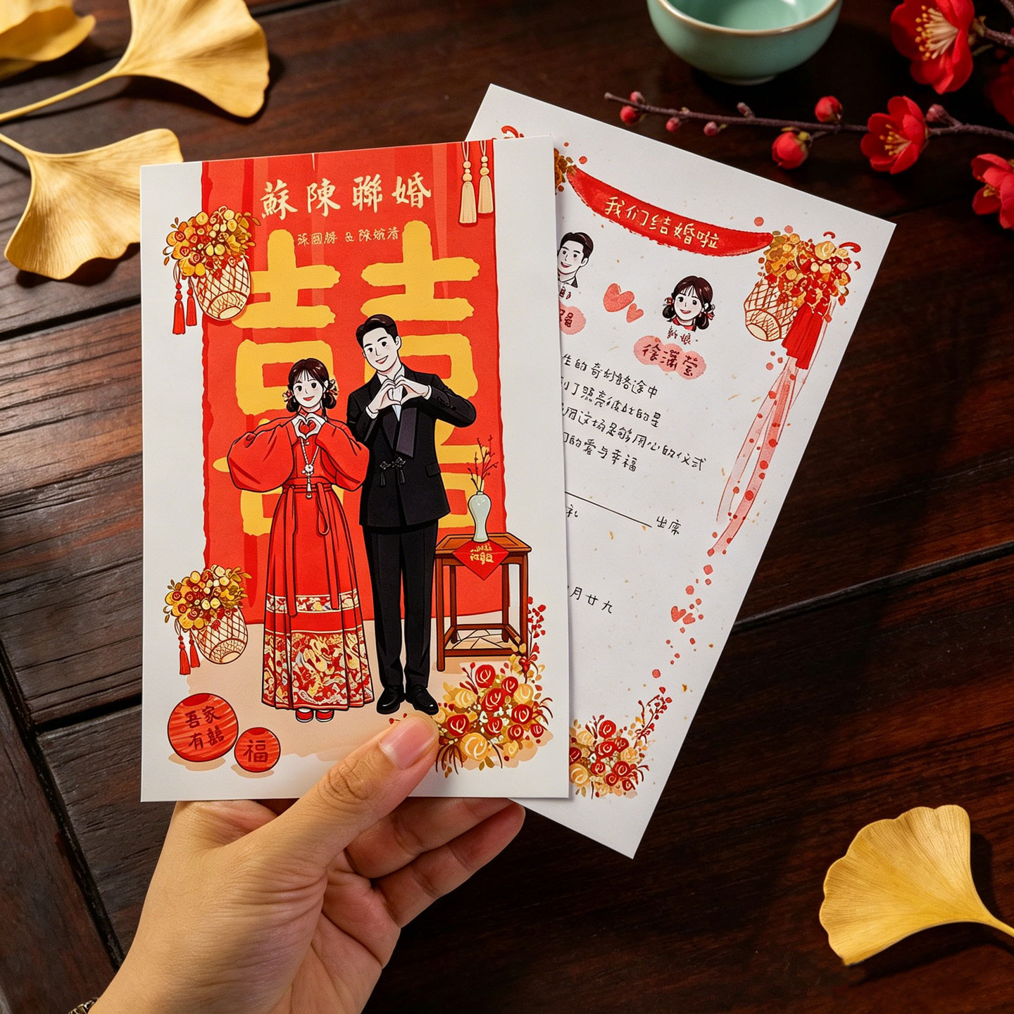 中国风婚礼请柬小红书手绘喜帖卡通中式结婚请帖定制邀请函照片