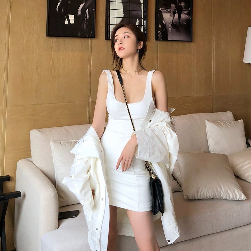 谨哥JG 白色针织吊带背心裙性感修身显瘦中长款连衣裙夏2019新款券后161.25元