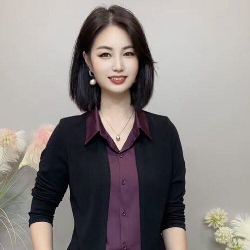 2026秋季新款时尚妈妈装翻领假两件拼接长袖衬衫显瘦百搭休闲上衣