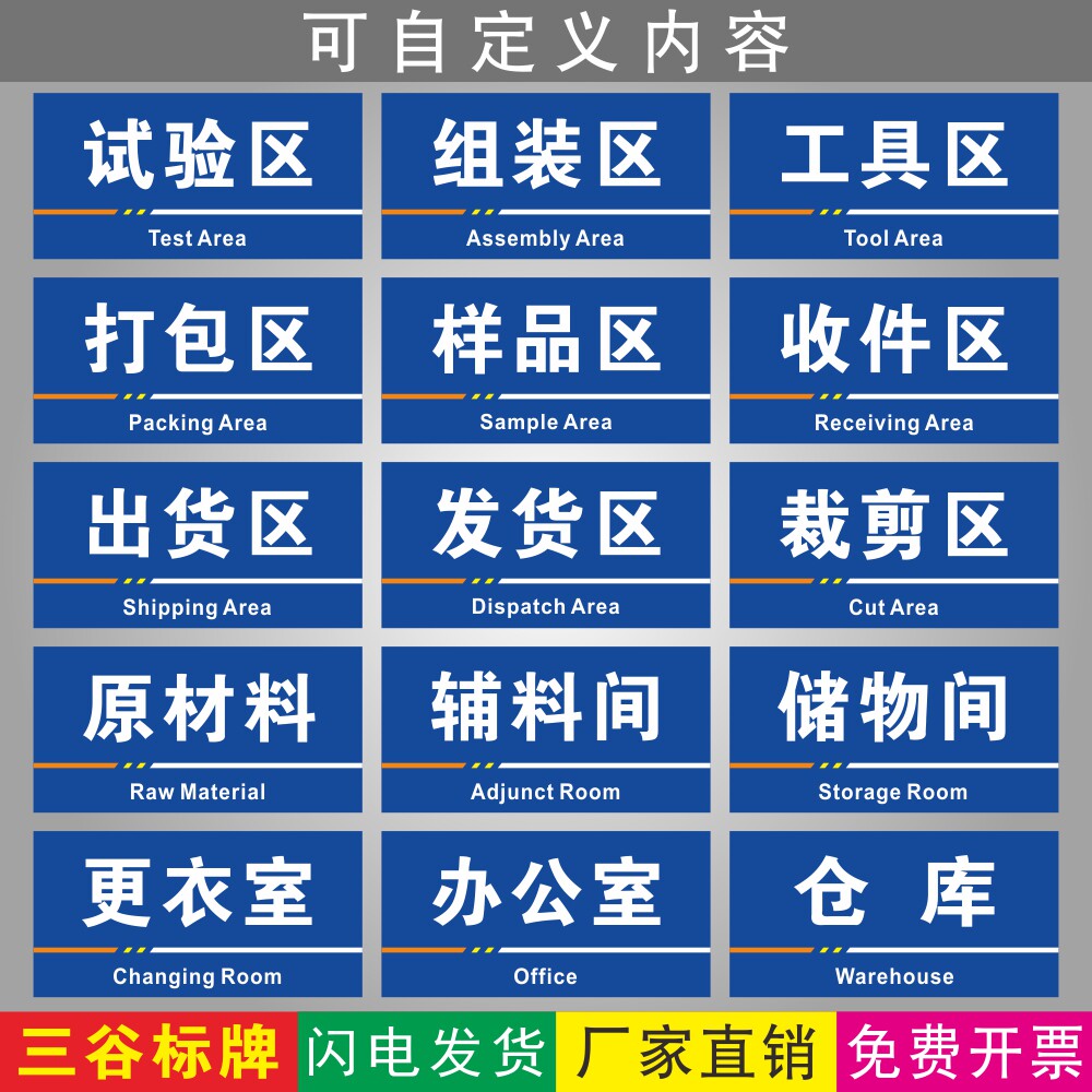 仓库货架分类牌试验组装工具区打包裁剪样品区收件出货发货区原材料辅料储物间更衣室办公室车间分组提示标牌