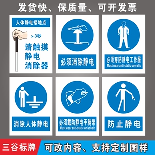 人体静电接地点触摸静电消除器必须消除静电手腕带防止静电工作服穿绝缘鞋指令警示安全标识牌