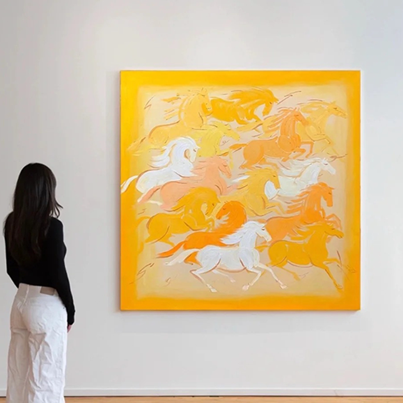 马年主题万马奔腾暖黄抽象装饰画现代轻奢客厅挂画小众肌理感壁画