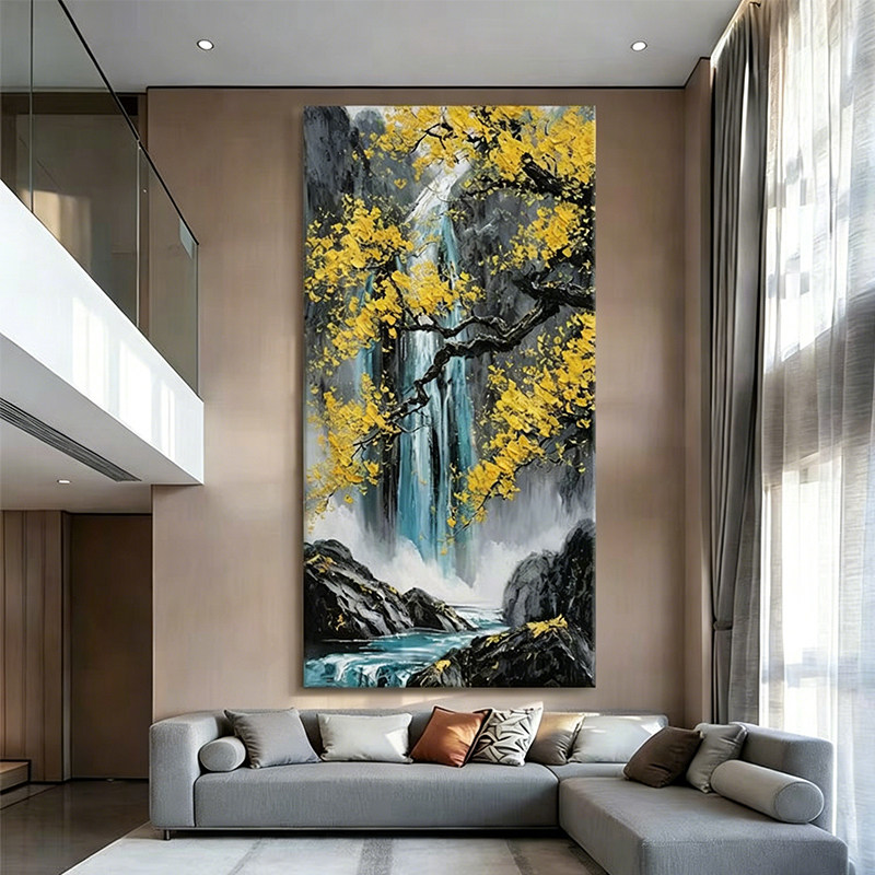 流水生财山水风景装饰画现代客厅沙发背景墙挂画入户玄关高级壁画