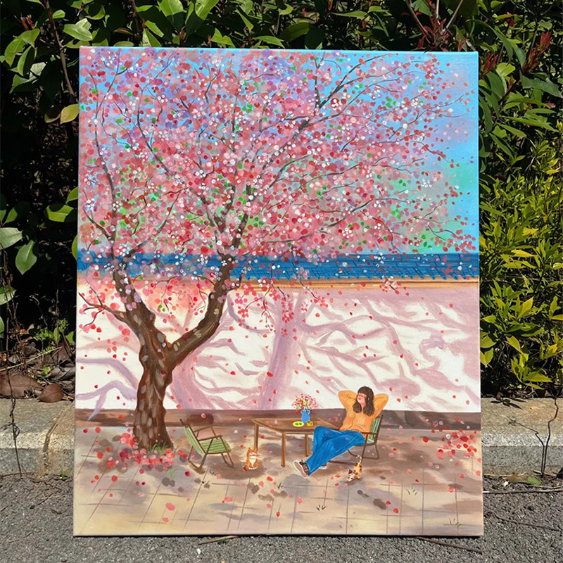 治愈系樱花树下休闲午后装饰画小众软装挂画客厅入户玄关艺术壁画
