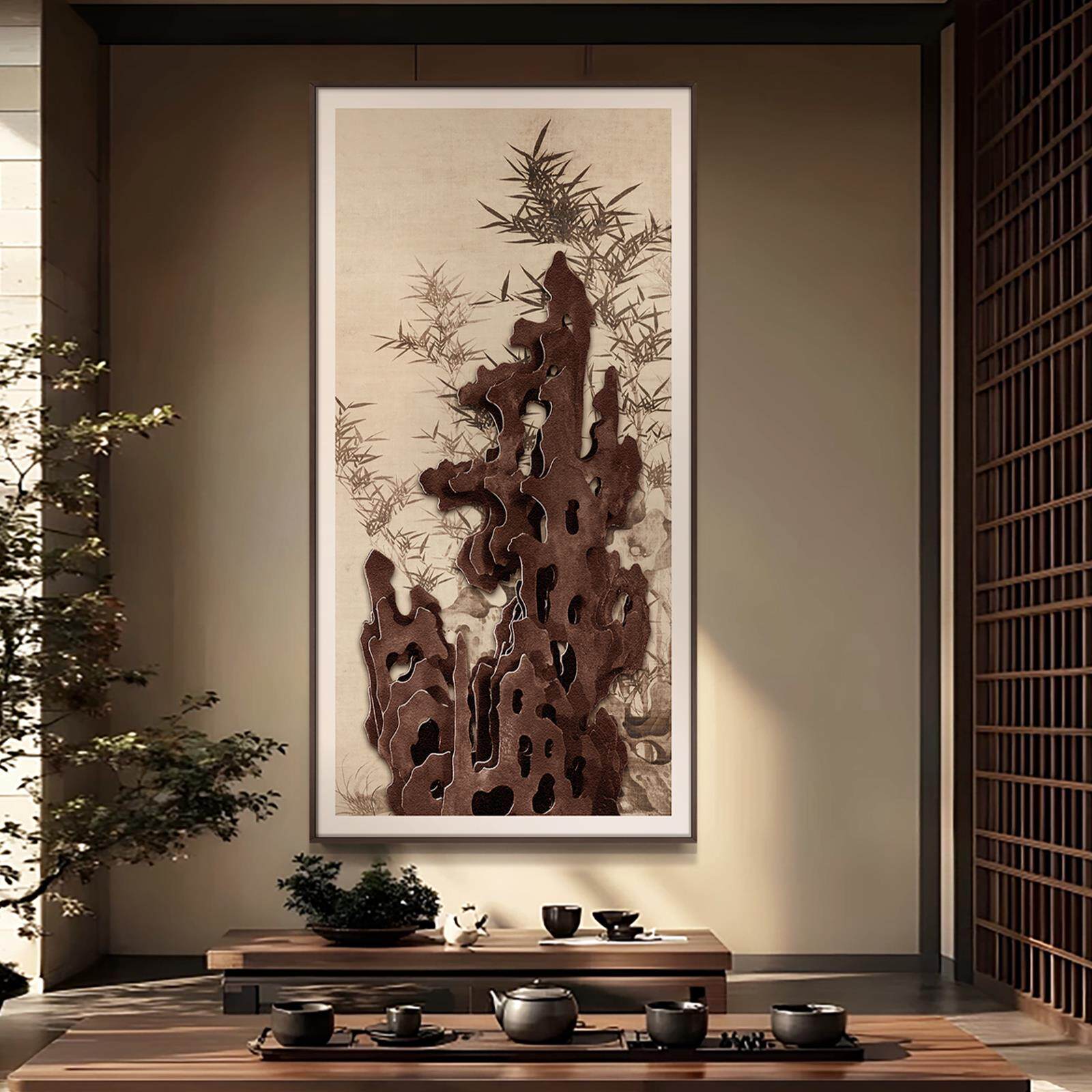 新中式太湖石抽象肌理感艺术挂画酒店大堂餐厅走廊过道玄关装饰画