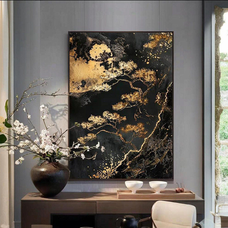 新中式黑金轻奢松树高级感禅意玄关客厅装饰画背景墙壁画竖版挂画