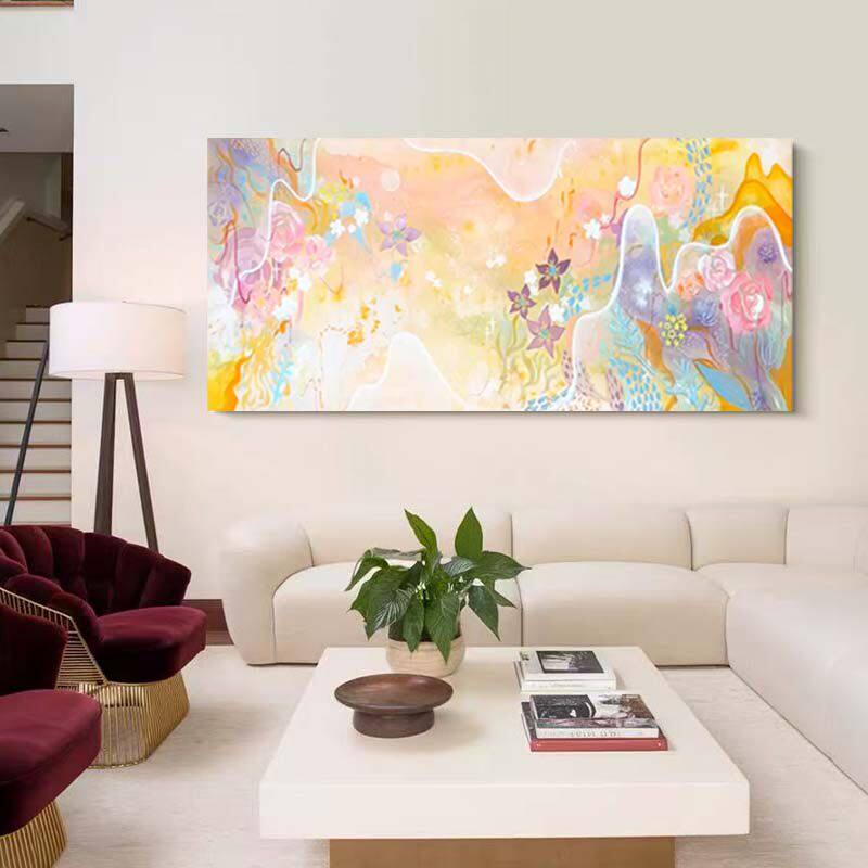 多巴胺客厅沙发背景墙装饰画小众艺术抽象餐厅奶油风卧室横幅挂画