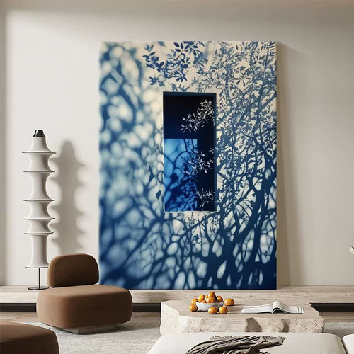 现代简约蓝调树影装饰画客厅沙发背景墙挂画入户玄关艺术感壁画