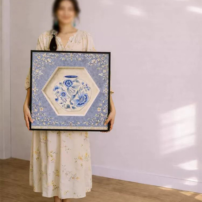 新中式青花瓷瓶装饰画 法式复古玄关挂画客厅餐厅卧室高级感壁画