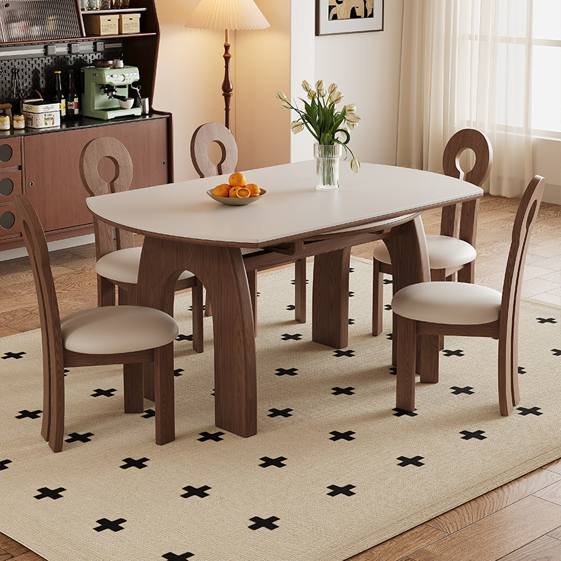 中古风实木岩板餐桌 可伸缩家用小户型现代简约方圆两用可变圆桌