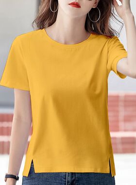 姜黄色宽松t恤女短袖夏季纯棉百搭正肩体恤2025新款韩版开叉上衣