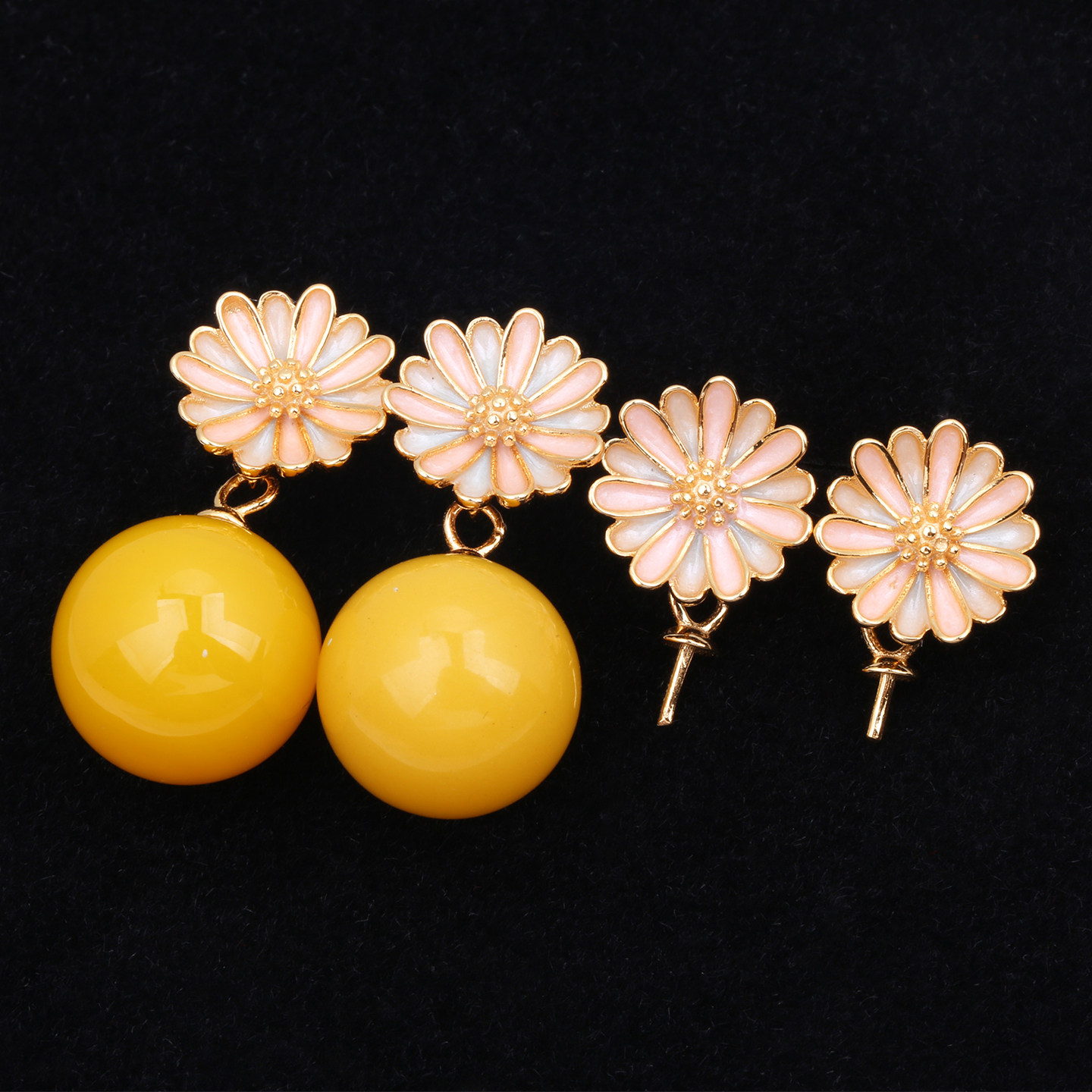 S925纯银镀18K金色小众花朵耳钉扣蜜蜡珍珠玉石耳坠扣圆珠耳饰扣