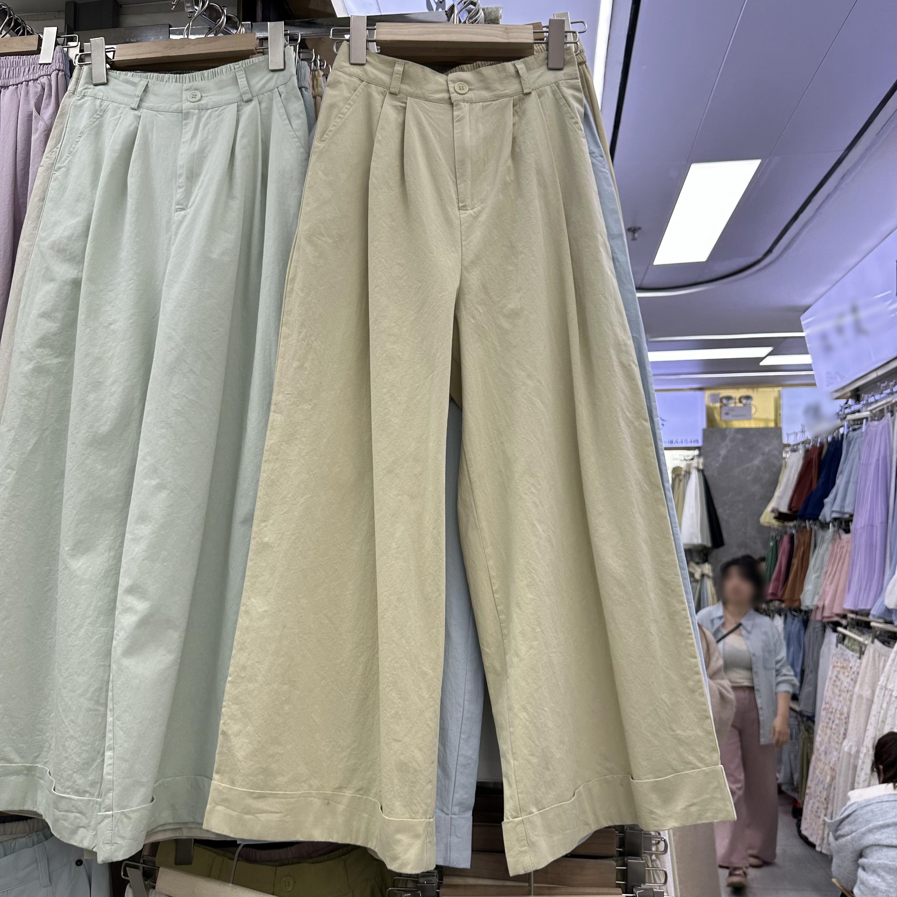 简约糖果色洗水棉阔腿裤女夏季新款高腰显瘦百搭直筒休闲大脚裤子