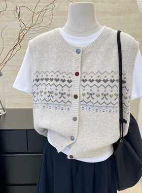复古洋气提花针织开衫马甲女秋冬圆领慵懒风宽松休闲叠穿坎肩背心