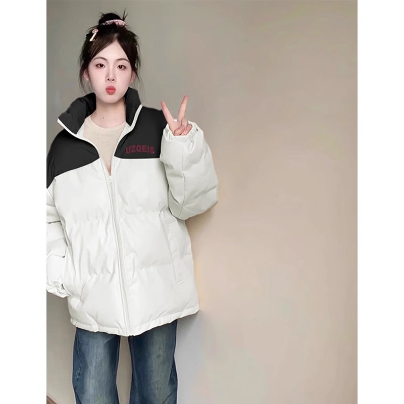 2024冬季新款羽绒棉服女短款时尚设计感印花拼接宽松小个子面包服