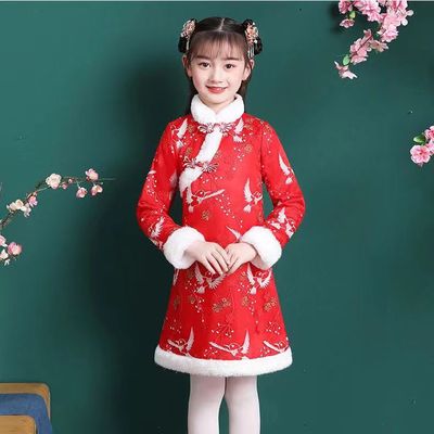 汉服唐装过年服女童秋冬女宝加厚儿童旗袍加绒裙子冬季新款拜年服