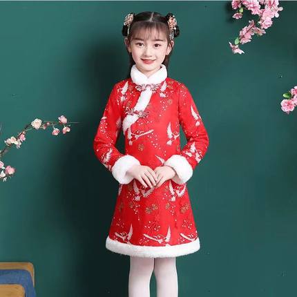 汉服唐装过年服女童秋冬女宝加厚儿童旗袍加绒裙子冬季新款拜年服