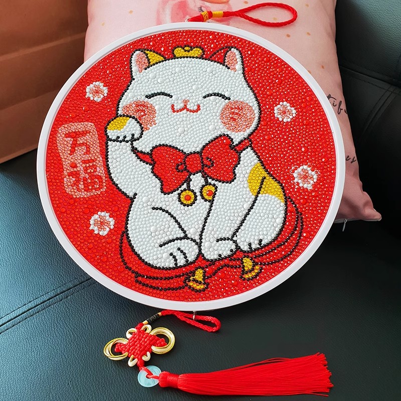 钻石画小件带框招财猫2024新款手工贴钻十字绣满钻水晶钻石绣万福