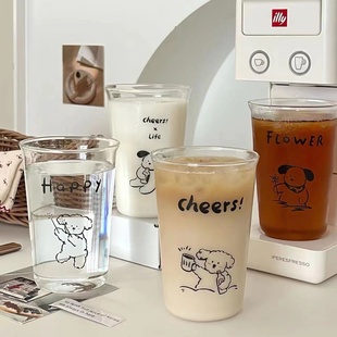 ins韩风卡通可爱小狗高鹏硅胶玻璃杯水杯咖啡杯牛奶杯早餐杯
