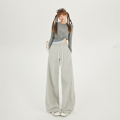 CCURA新款美式复古高腰宽松阔腿裤抽绳松紧腰直筒休闲裤女卫裤子