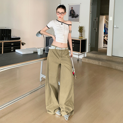 CCURA卡其色工装阔腿牛仔裤新款美式设计感宽松直筒弯刀裤子女