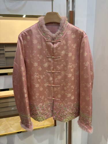 提花真丝刺绣水貂毛领新中式减龄粉棉服外套女国风秋冬上衣Y61097