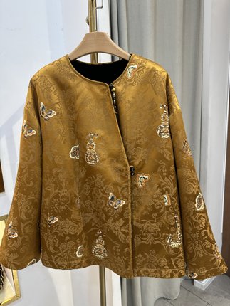 新中式国风2025春新款圆领重工刺绣醋酸提花双面穿外套