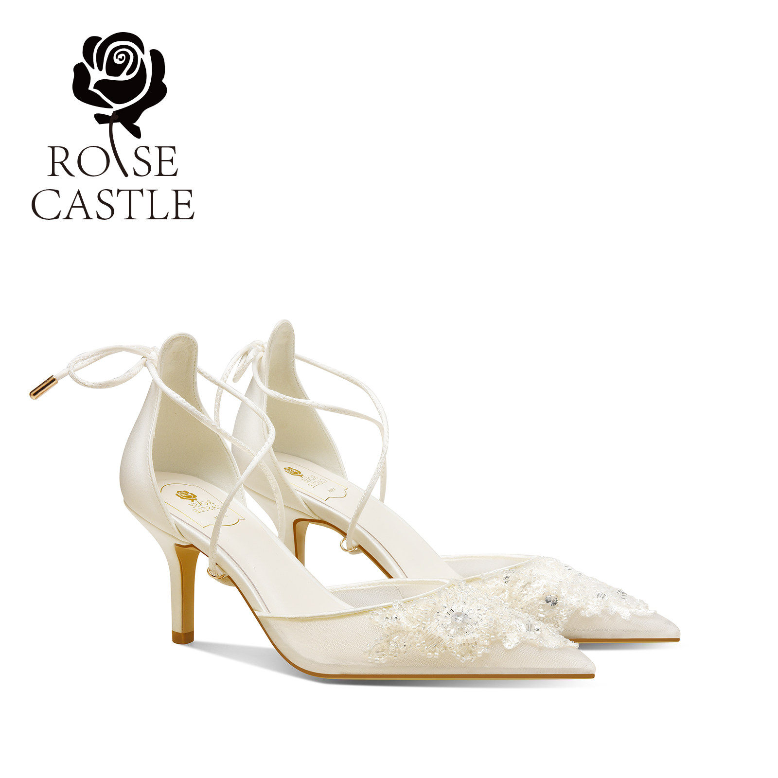 rosecastle 白色婚鞋女夏季新款网纱高跟鞋绝美不累脚主纱