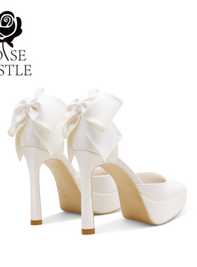 rose castle蝴蝶结婚鞋女 小个子防水台白色主婚纱新娘婚鞋不累脚