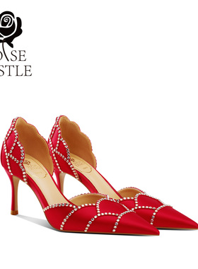 绯红蔷薇 rose castle 婚鞋女一字带新娘鞋红色秀禾敬酒高跟单鞋