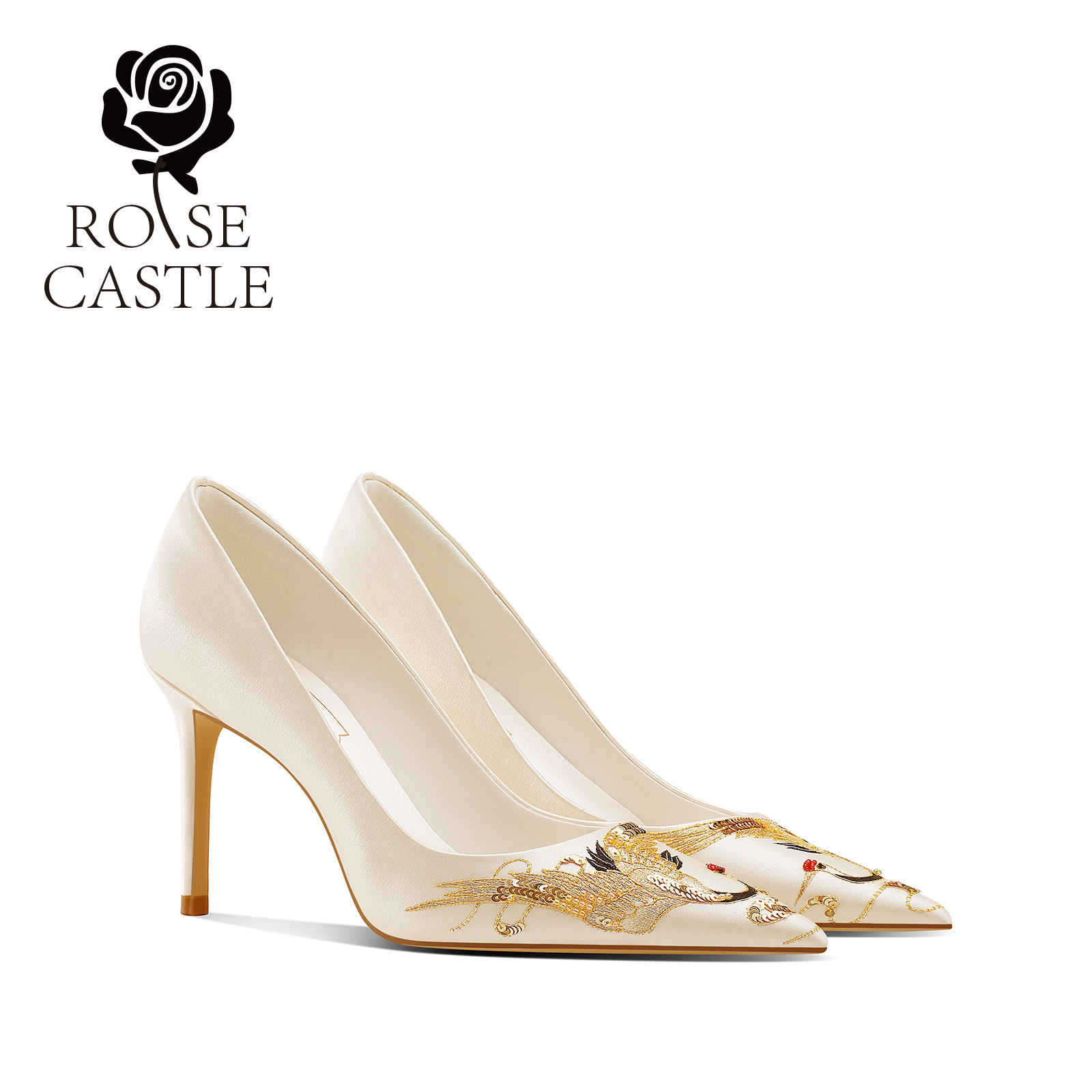 百年好鹤  原创手工刺绣婚鞋女香槟色主婚纱新娘鞋宴会礼服高跟鞋,女鞋,浅口单鞋,淘宝优惠券,粉丝福利购,淘宝优惠卷