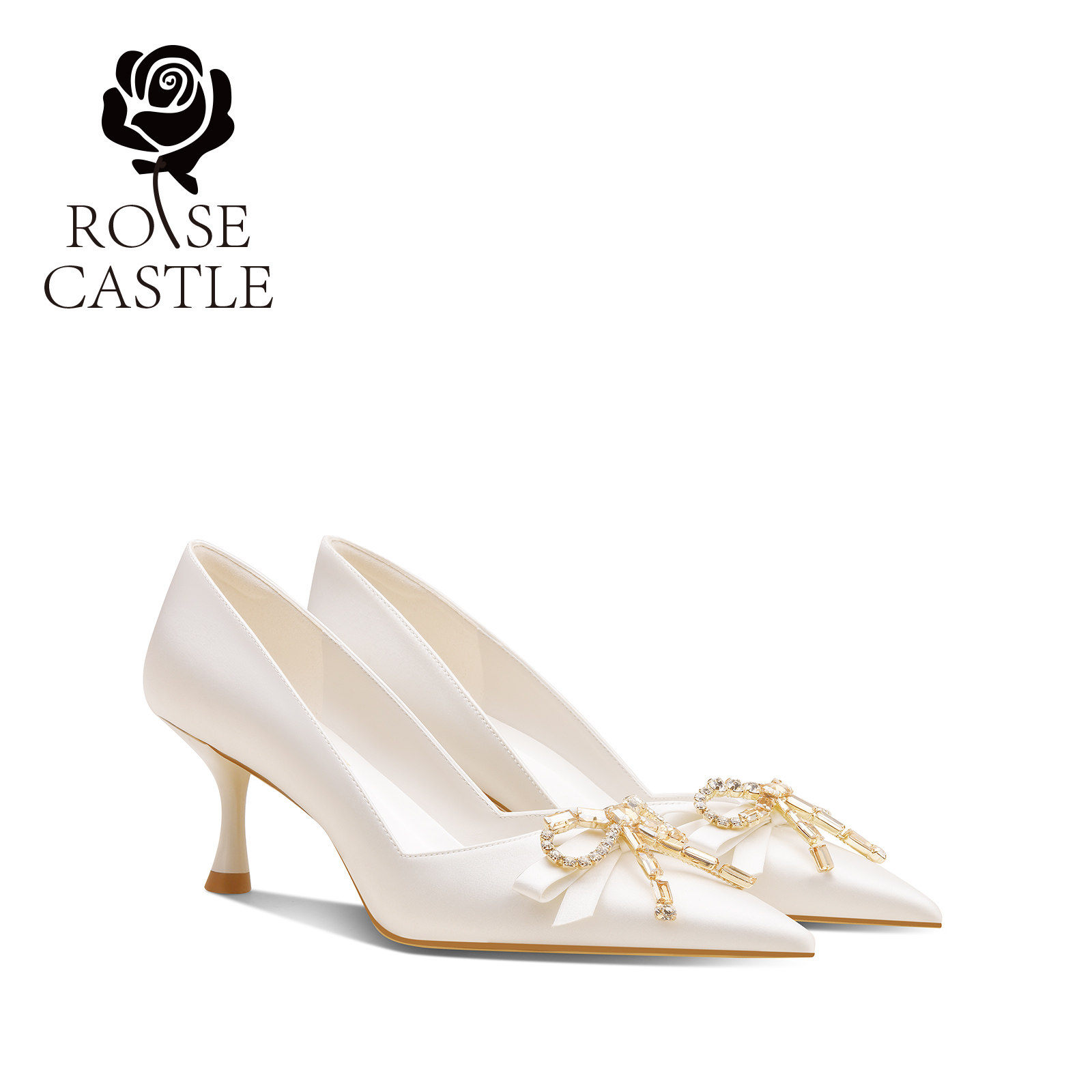 rose castle婚鞋女绝美蝴蝶结水钻白色缎面新娘鞋高跟不累脚单鞋,女鞋,婚鞋,淘宝优惠券,粉丝福利购,淘宝优惠卷