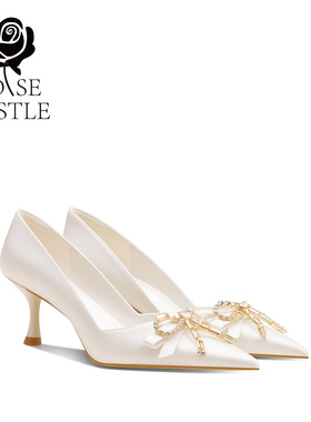 rose castle婚鞋女蝴蝶结水钻白色缎面新娘鞋高跟两穿不累脚单鞋