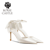 castle婚宴鞋 一字带不掉跟新娘鞋 法式 rose 蝴蝶结白色高跟订婚鞋