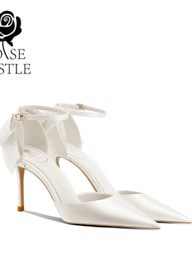 rose castle婚宴鞋一字带不掉跟新娘鞋法式蝴蝶结白色高跟订婚鞋