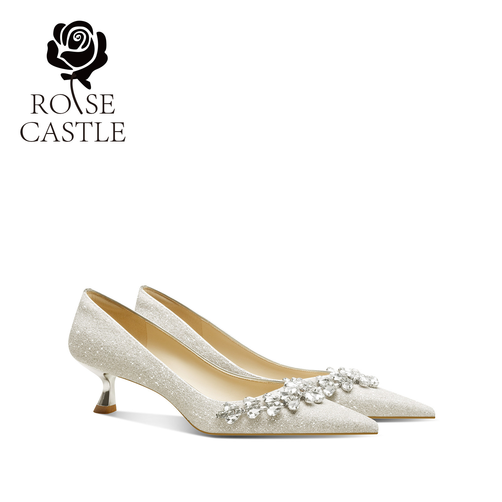 rosecastle小众设计感单鞋亮片水晶新娘主婚纱鞋小猫跟尖头