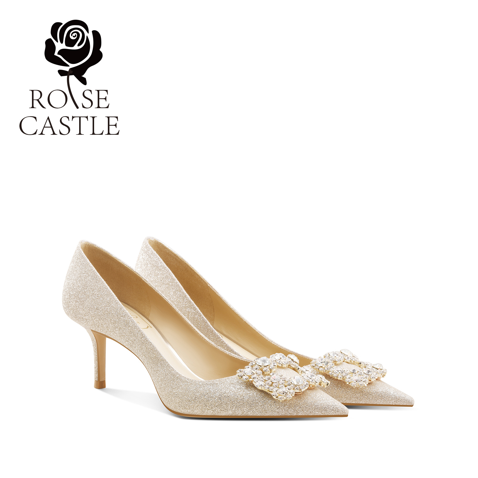 rose castle婚鞋女款秀禾婚纱两穿新娘鞋水钻方扣金色高跟