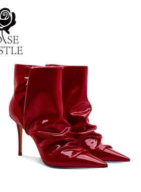 rose castle漆面时装短靴 褶皱设计感时尚街头红色结婚鞋高跟短靴